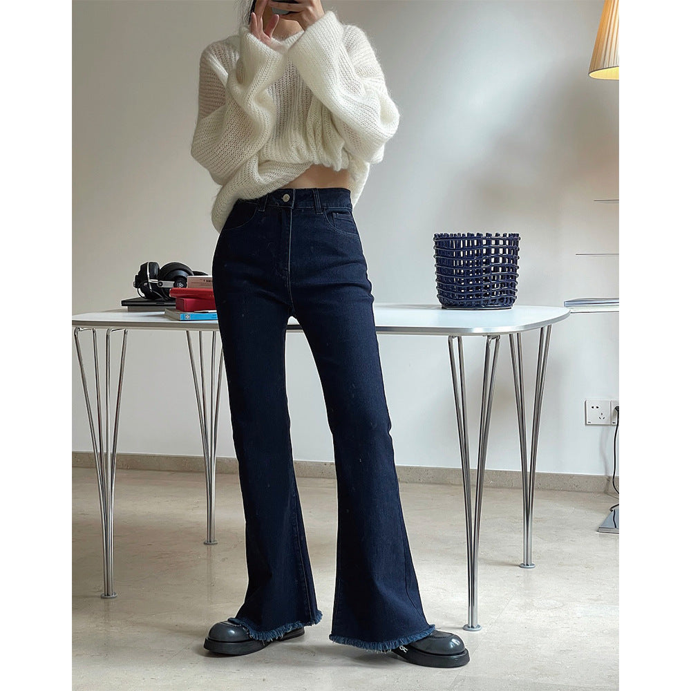 Ladies High-Waist Flared Jeans with Light Bootcut and Frayed Hem EVA-US
