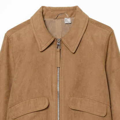 Women's Short Jacket in Suede Look Bomber with Zipper, Flap Pockets and Ribbed Cuffs EVA-US