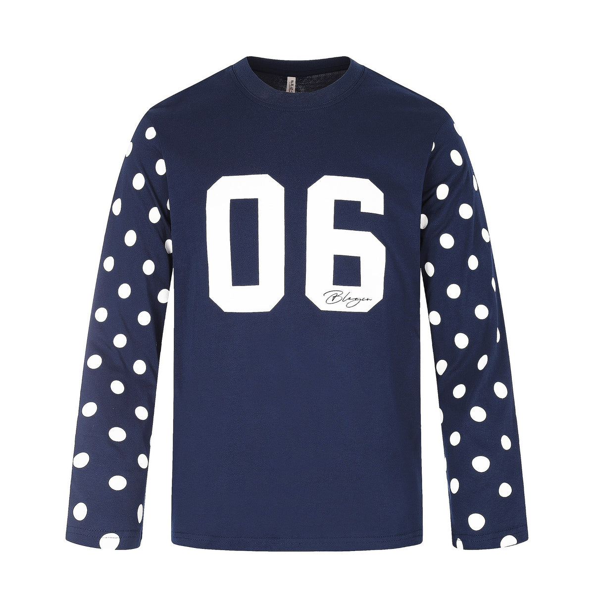 Women Long Sleeve Statement Shirt with Polka Dot Sleeves and Number Print EVA-US