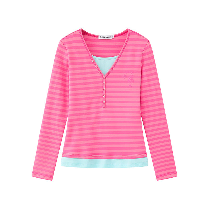 Women’s Layered Long Sleeve Shirt with Henley Button Placket and Contrasting Underlayer EVA-US