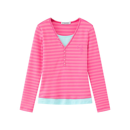 Women’s Layered Long Sleeve Shirt with Henley Button Placket and Contrasting Underlayer EVA-US