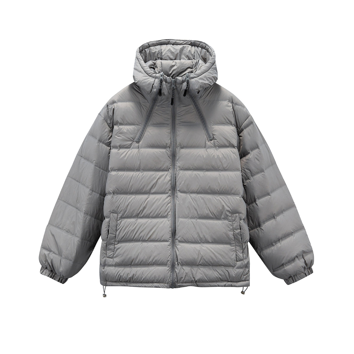 Men's Boxy Puffer Jacket with high stand-up hood, double front zipper and drawstring