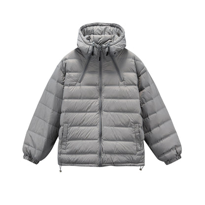 Men's Boxy Puffer Jacket with high stand-up hood, double front zipper and drawstring