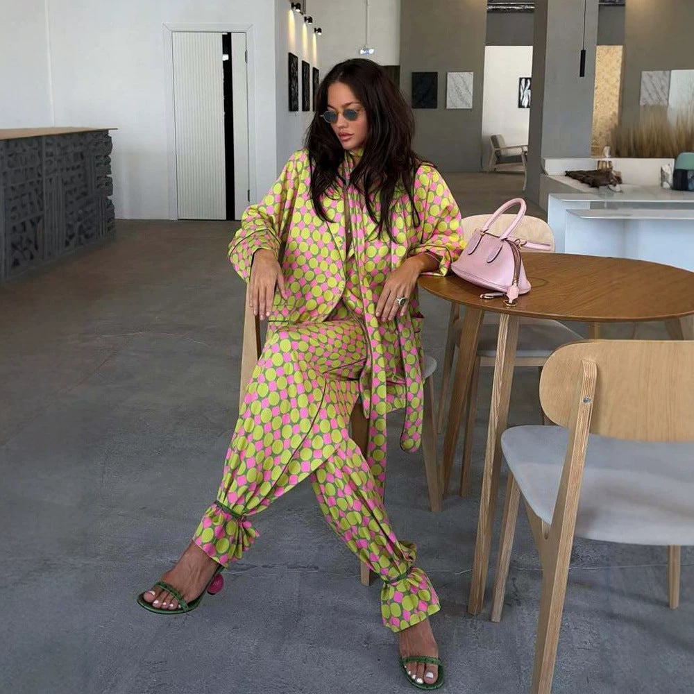 Women Two-Piece Silk Look Suit Set with Oversized Blazer, Wide Pleated Trousers & Matching Tube Scarf EVA-US