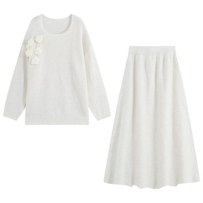 Women's knit set with cozy sweater featuring 3D flower appliqué and A-line skirt EVA-US