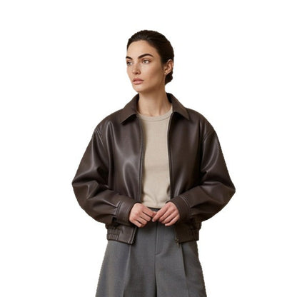 Women Boxy Cropped Faux Leather Jacket with Concealed Zipper and Elastic Hem EVA-US