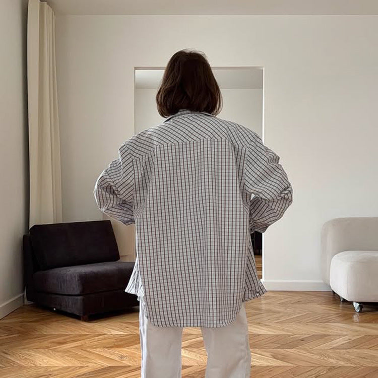 Ladies Checkered Oversized Shirt with Extended Hem EVA-US