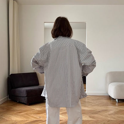 Ladies Checkered Oversized Shirt with Extended Hem EVA-US