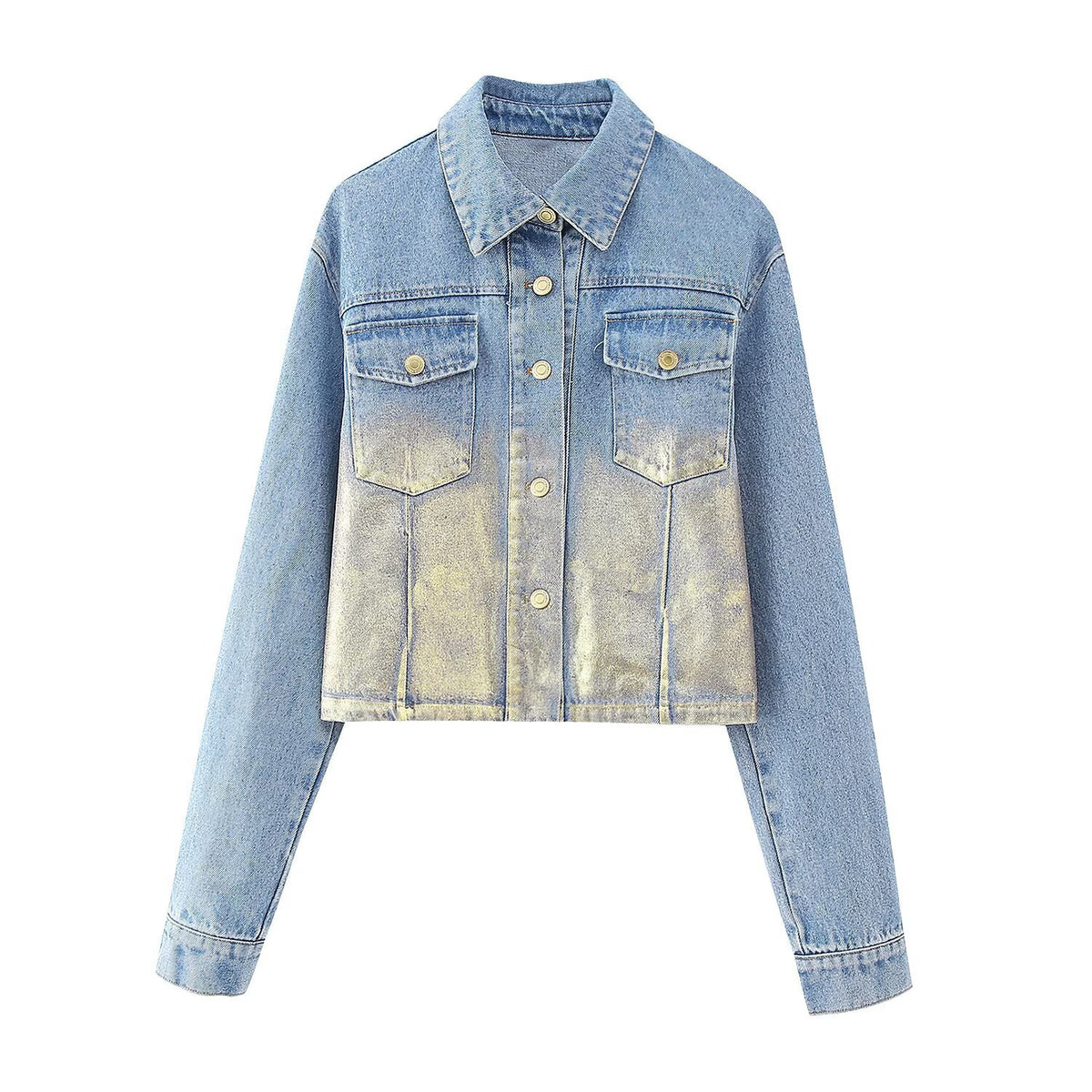 Women's Short Denim Jacket with Metallic Finish and Patch Chest Pockets EVA-US