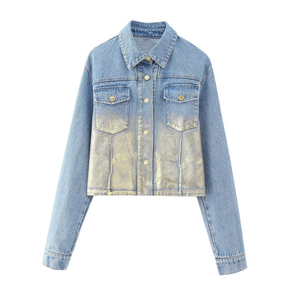 Women's Short Denim Jacket with Metallic Finish and Patch Chest Pockets EVA-US