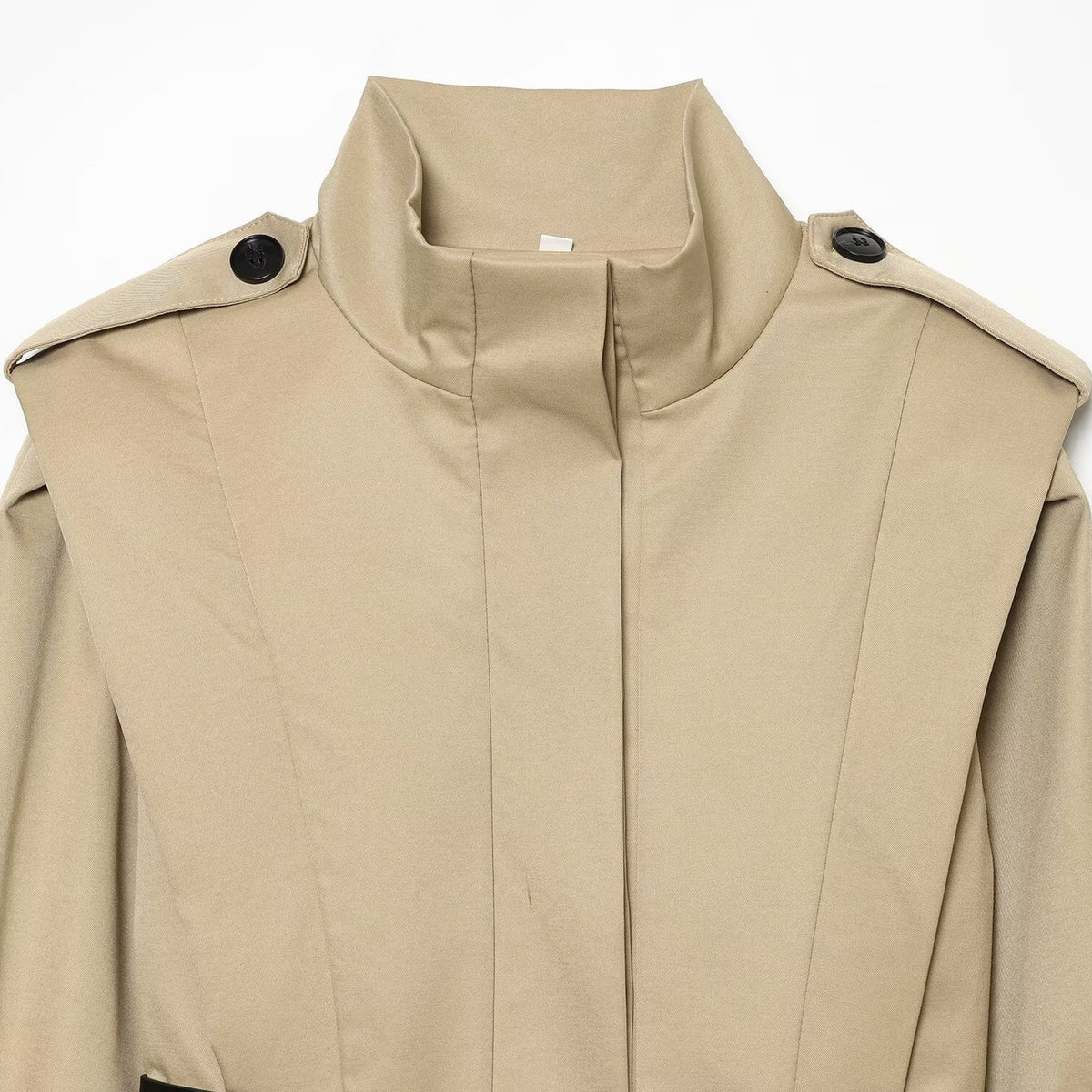 Women Short Cape Trench with High Funnel Collar and Waist Belt EVA-US