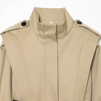 Women Short Cape Trench with High Funnel Collar and Waist Belt EVA-US