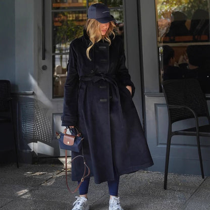 Women's longer cord trench coat with tie belt and oversized shoulders EVA-US