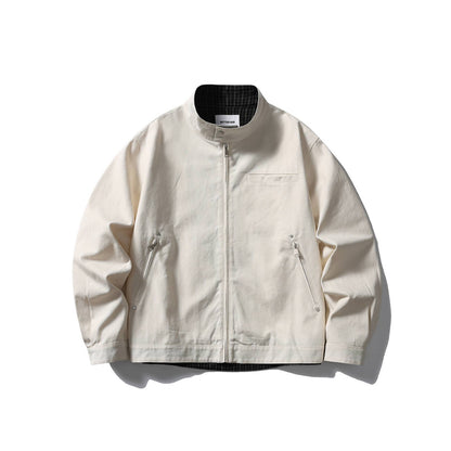 Men's short jacket with stand-up collar, concealed zipper, and checked inner lining EVA-US