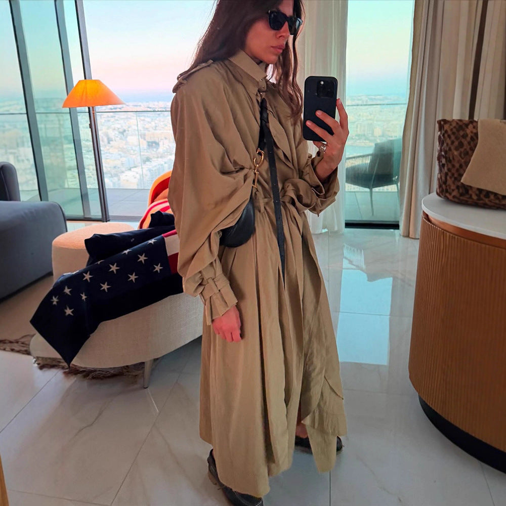 Women's Oversized Trench Coat with Voluminous Balloon Sleeves, Drawstring, and Removable Hood EVA-US