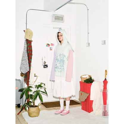 Women's hoodie with hood and bunny ears, striped sleeves and manga print EVA-US