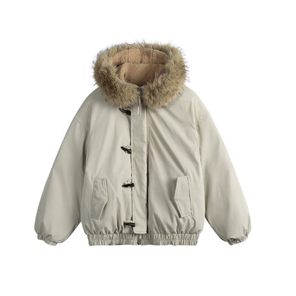 Men's Short Insulation Parka in Boxy Cut with Detachable Faux Fur Collar and Toggle Fastenings EVA-US