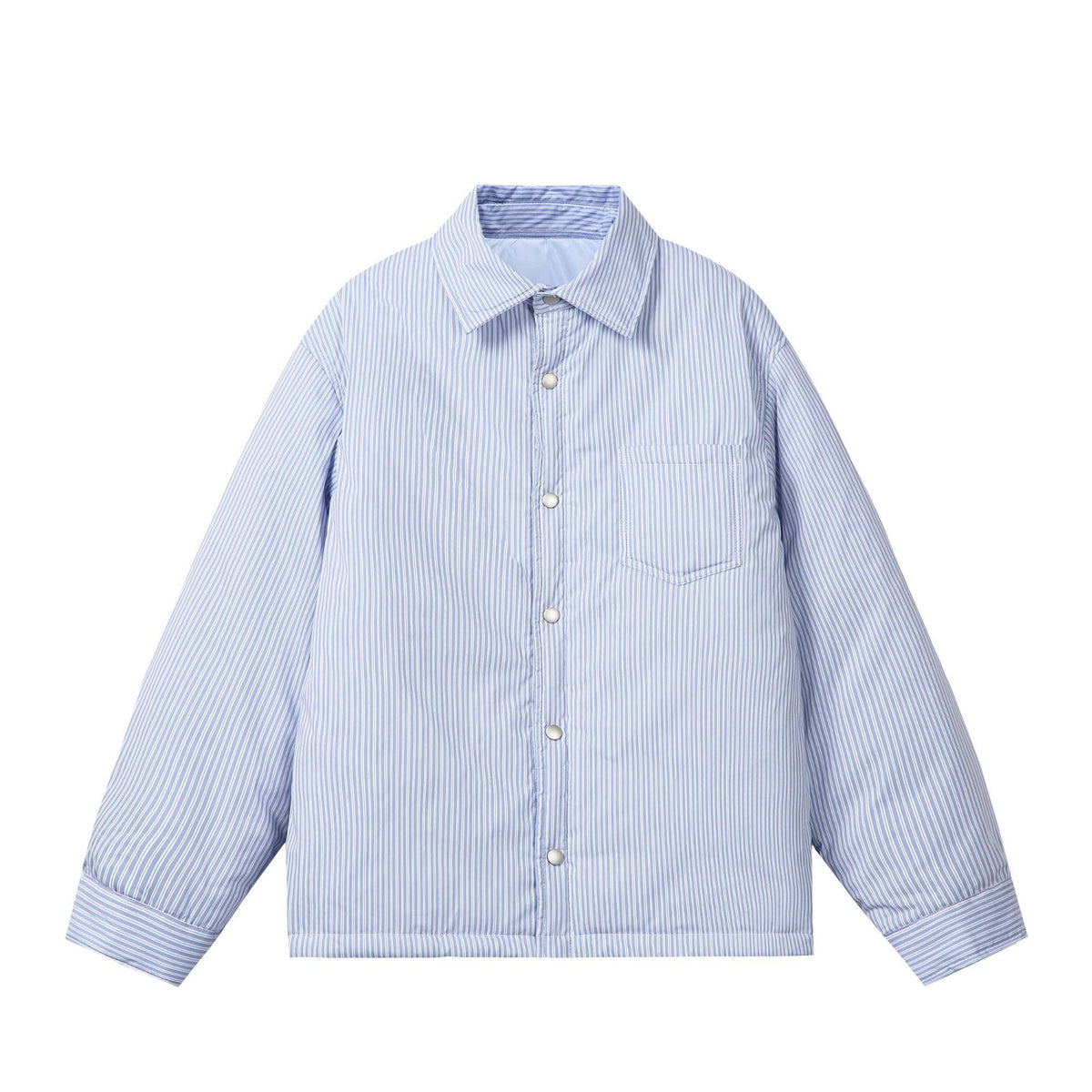 Unisex Striped Boxy Shirt Jacket with Snap Button Placket and Chest Pocket EVA-US