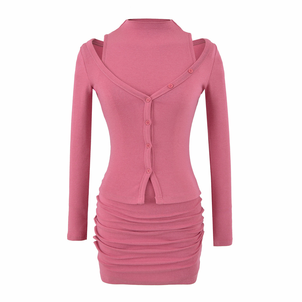 Ladies two-piece knit set with integrated high neck vest and asymmetric button cardigan EVA-US