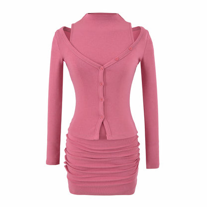 Ladies two-piece knit set with integrated high neck vest and asymmetric button cardigan EVA-US