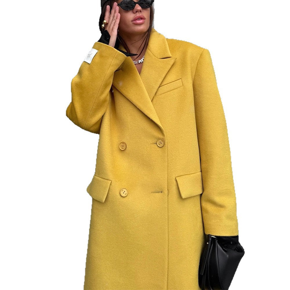 Women Oversized Wool Coat with Lapel Collar and Patch Pockets EVA-US