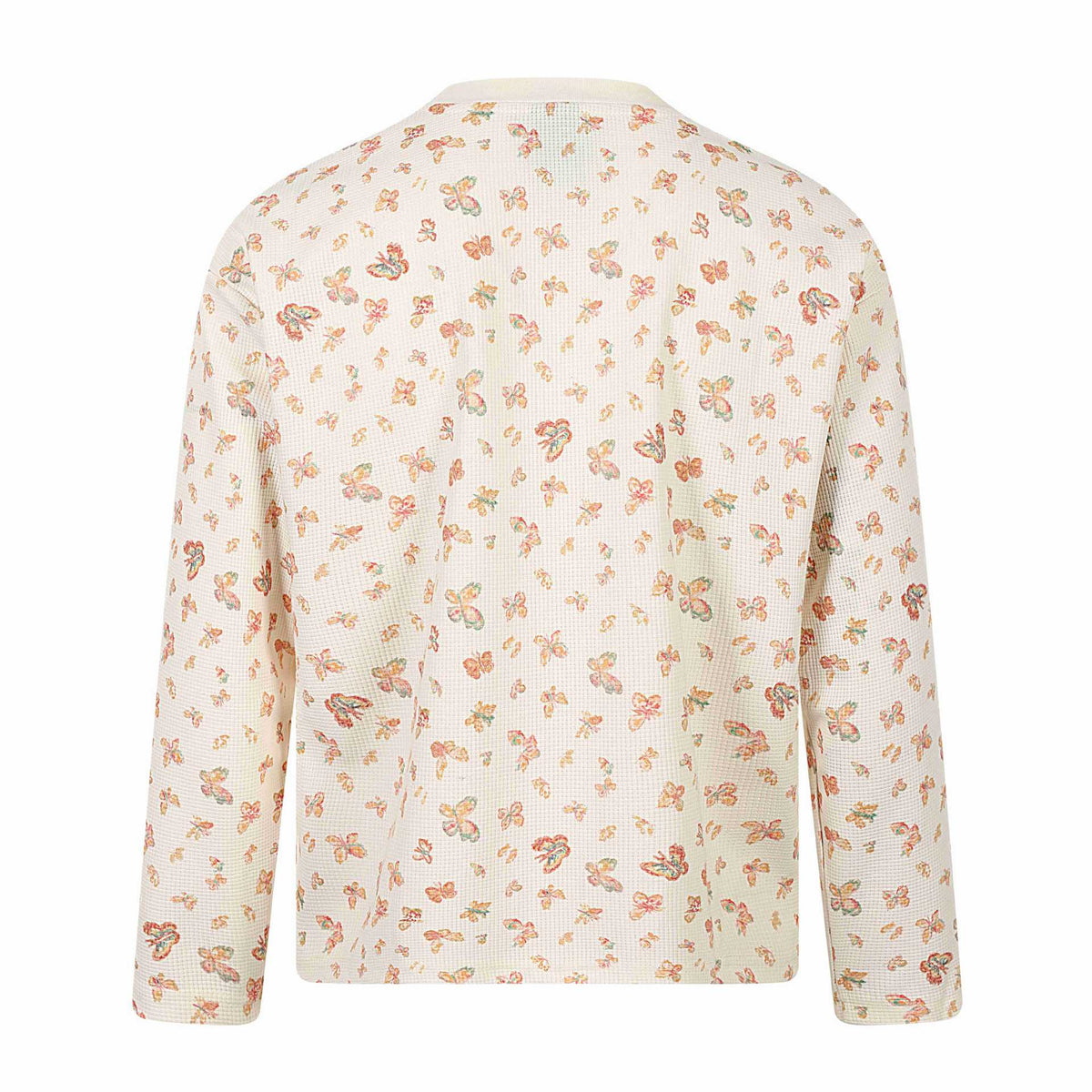 Women Waffle Knit Long Sleeve Shirt with Allover Butterfly Print and Round Neck EVA-US