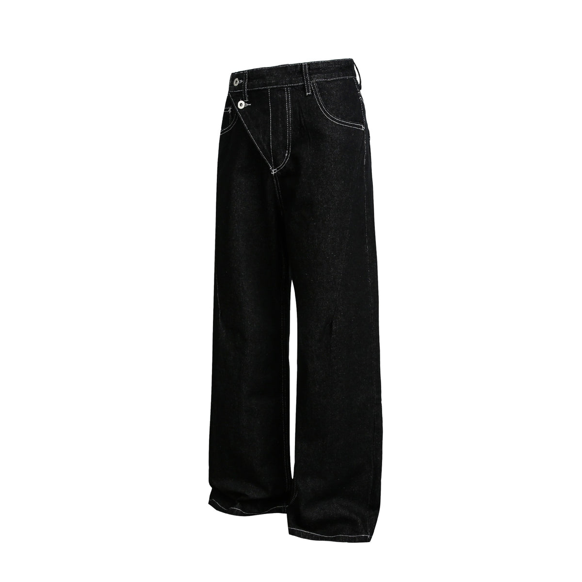 Women Wide High-Waist Jeans Pants with Asymmetrical Button Closure and Contrast Seams EVA-US