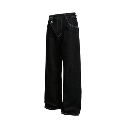Women Wide High-Waist Jeans Pants with Asymmetrical Button Closure and Contrast Seams EVA-US