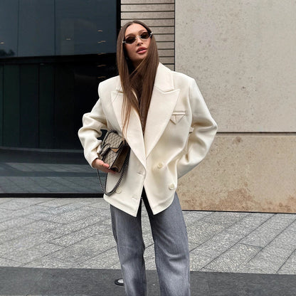 Women's Oversize Double-Breasted Short Blazer in Cocoon Cut made of Wool Mix EVA-US