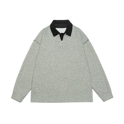 Unisex Oversize Polo Collar Sweatshirt with Contrast Collar and Decorative Perforation EVA-US