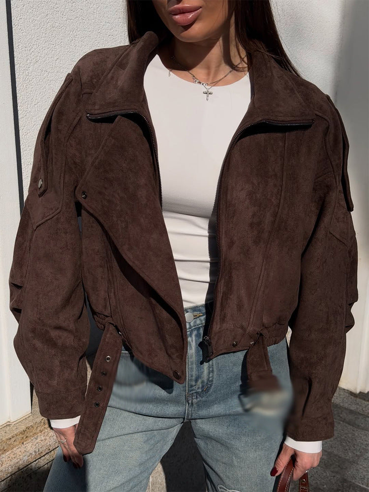 Ladies short-cut suede bomber jacket with belt & oversized sleeves EVA-US