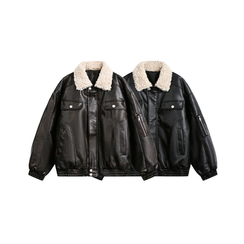 Men's aviator-inspired faux leather bomber jacket with teddy collar and sleeve utility pocket EVA-US