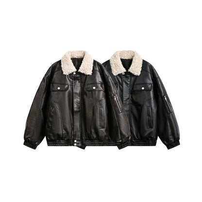 Men's aviator-inspired faux leather bomber jacket with teddy collar and sleeve utility pocket EVA-US