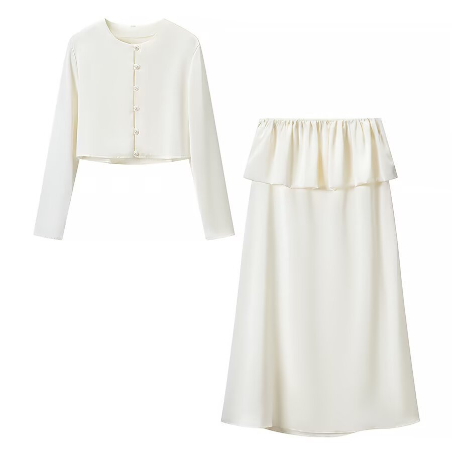 Women Two-Piece Satin Ensemble with Bolero Jacket and Midi Skirt EVA-US
