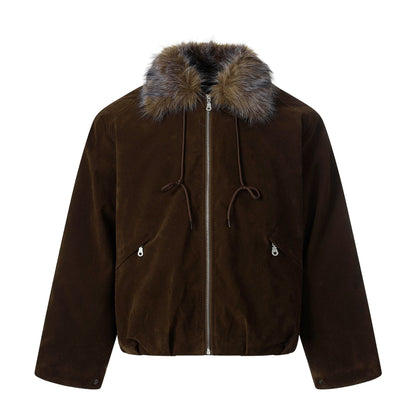 Men's Suede Bomber Jacket with Detachable Faux Fur Collar and Drawstring EVA-US