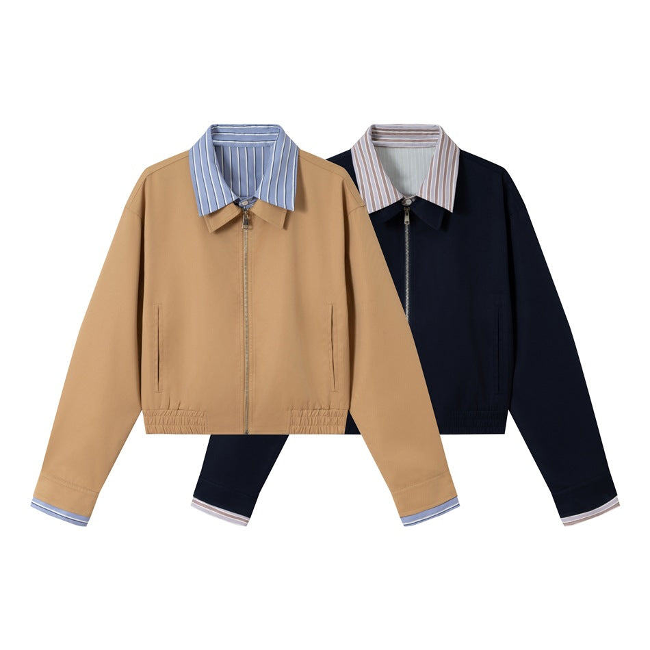 Women's short jacket with contrasting shirt collar, concealed zipper, and elastic hem EVA-US
