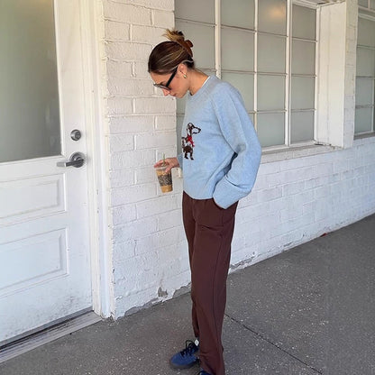 Women's knit sweater with dachshund intarsia and relaxed oversized fit EVA-US
