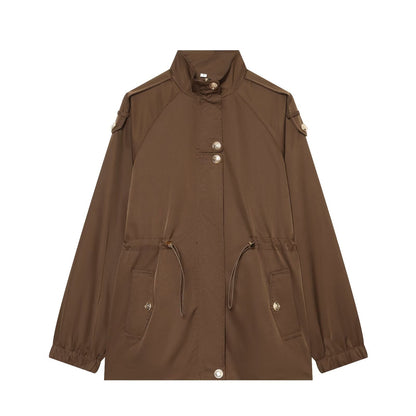 Women's lightweight parka with stand-up collar, drawstring waist, and shoulder patches EVA-US