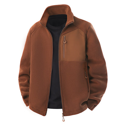 Men's hybrid fleece jacket with softshell inserts, chest zipper pocket, and two-way front zipper EVA-US