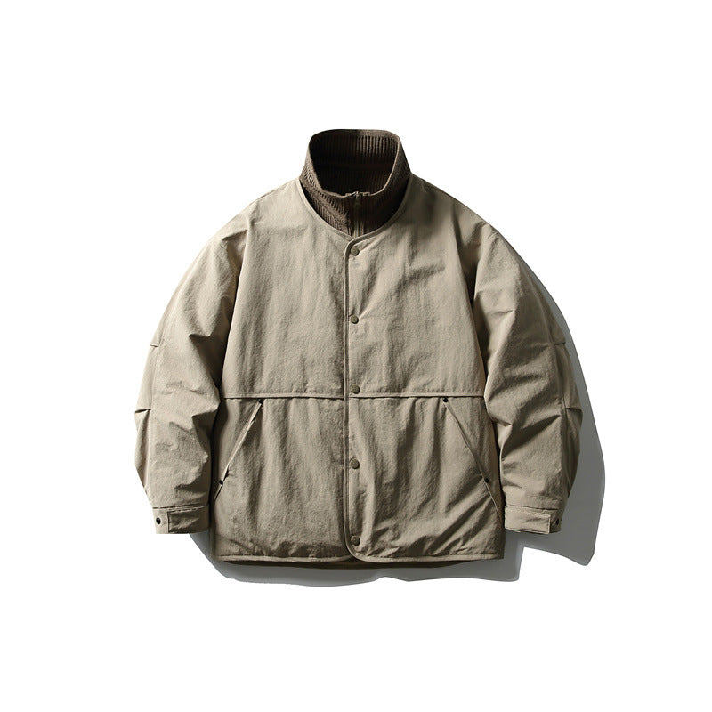 Men's Oversized Padded Leisure Jacket with Ribbed Collar and Snap Button Placket EVA-US