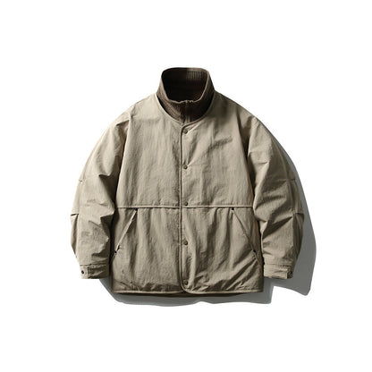 Men's Oversized Padded Leisure Jacket with Ribbed Collar and Snap Button Placket EVA-US