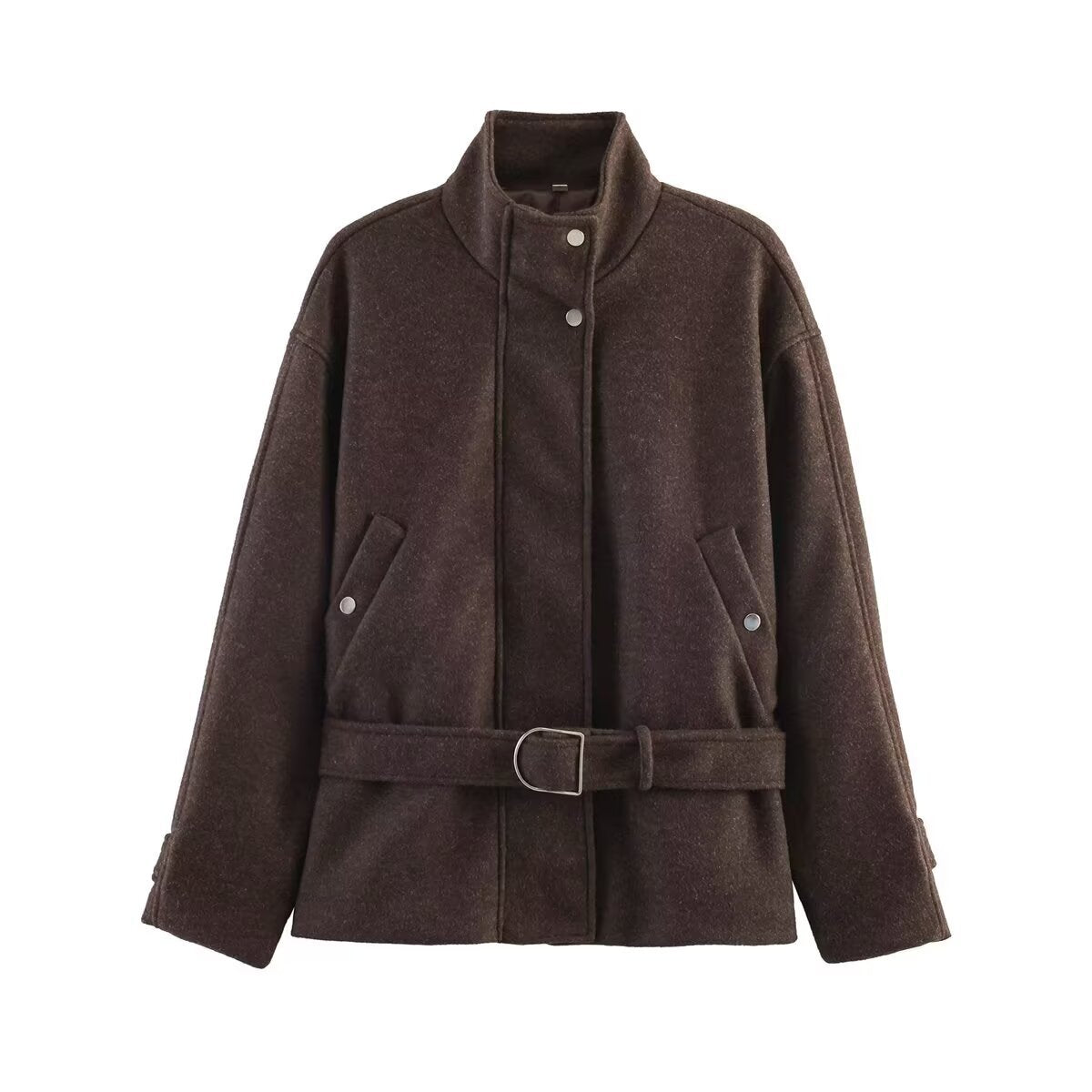 Women’s short jacket in a boxy cut made of wool blend with stand-up collar and waist belt EVA-US