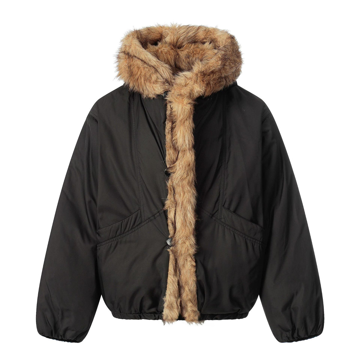 Ladies short jacket with faux fur trimmed hood and braided fur trim EVA-US