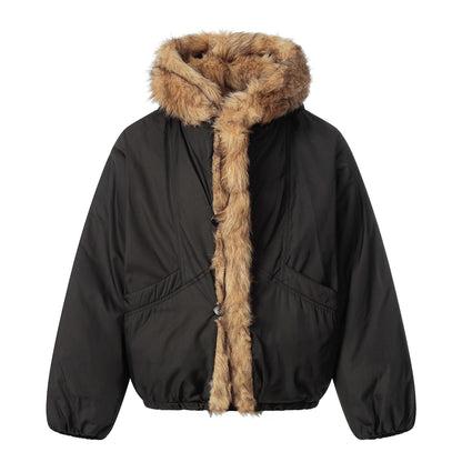 Ladies short jacket with faux fur trimmed hood and braided fur trim EVA-US