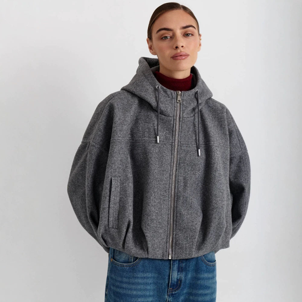 Women’s short jacket made of wool blend with hood, boxy silhouette & gathered hem EVA-US