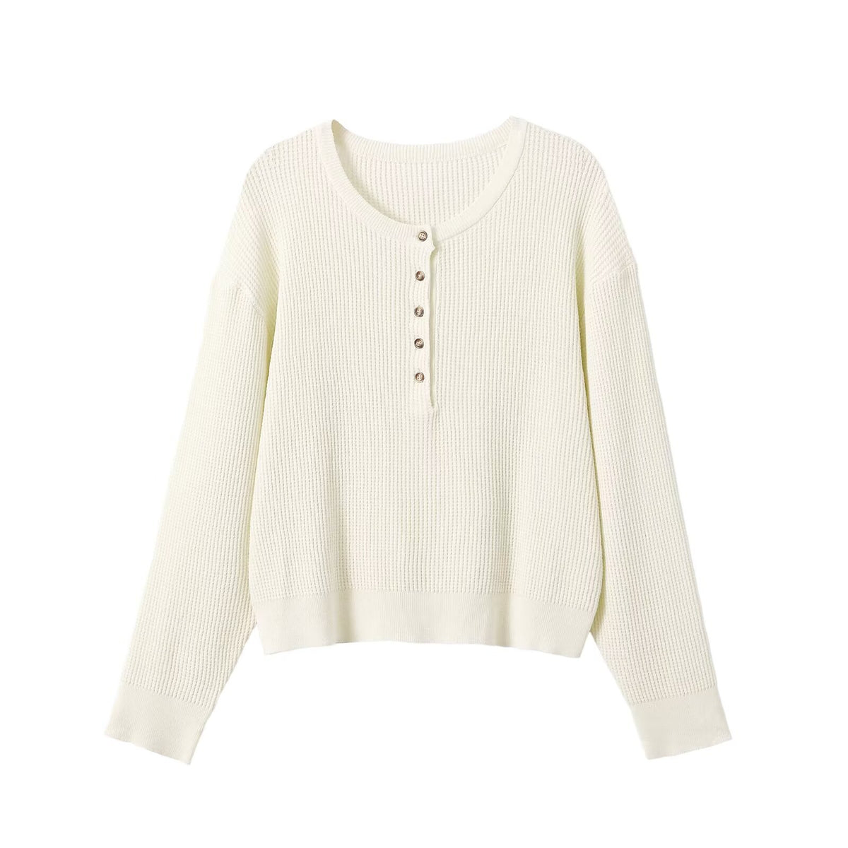 Women Thick Knit Waffle Knit Sweater with Henley Placket EVA-US