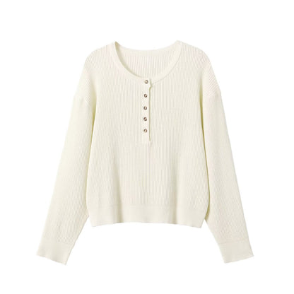 Women Thick Knit Waffle Knit Sweater with Henley Placket EVA-US