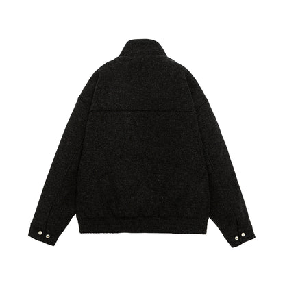 Men's short-cut boxy wool fleece jacket with high stand-up collar and full-length zipper EVA-US