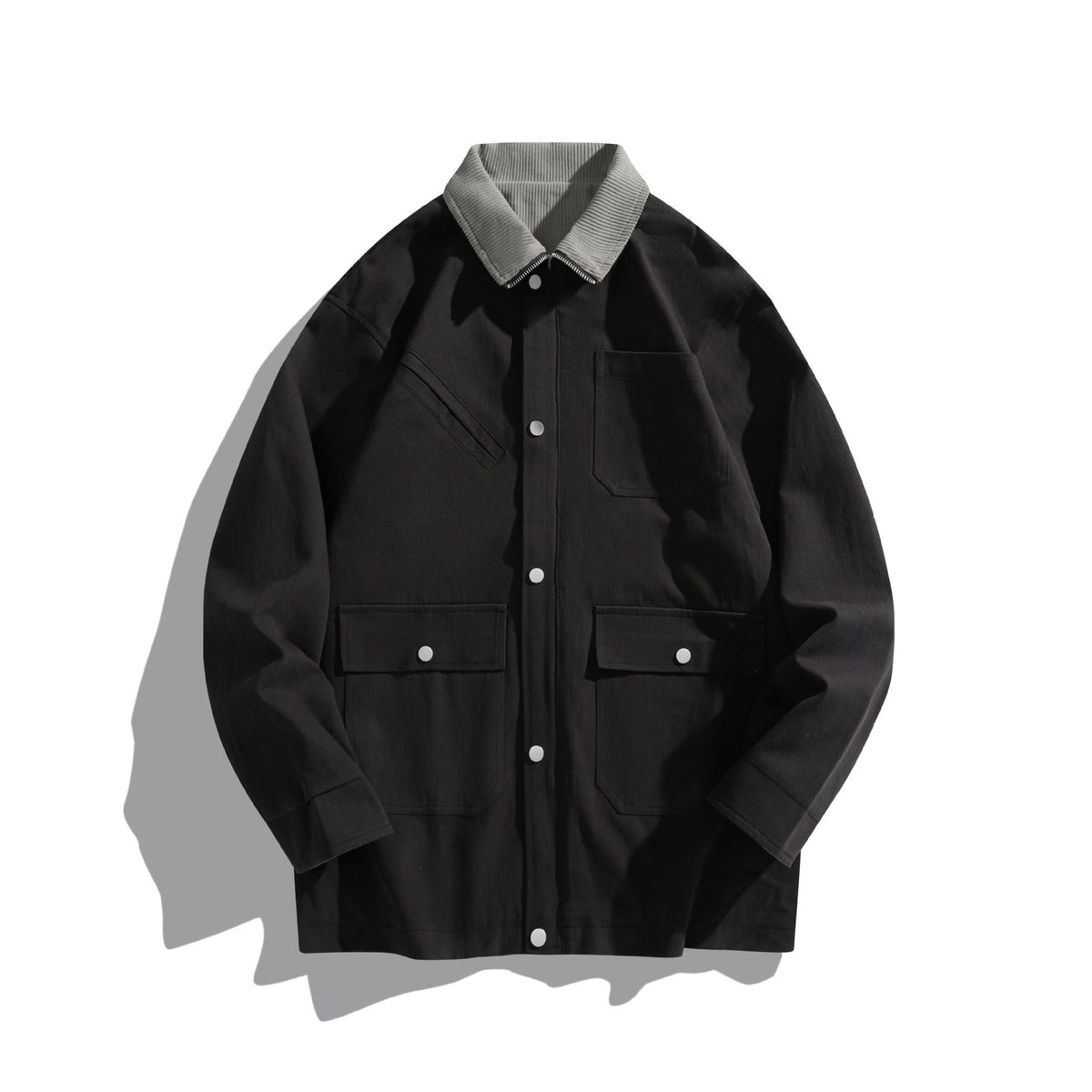 Unisex Short-Cut Boxy Canvas Jacket with Cord Collar, Snap Button Front and Utility Patch Pockets EVA-US