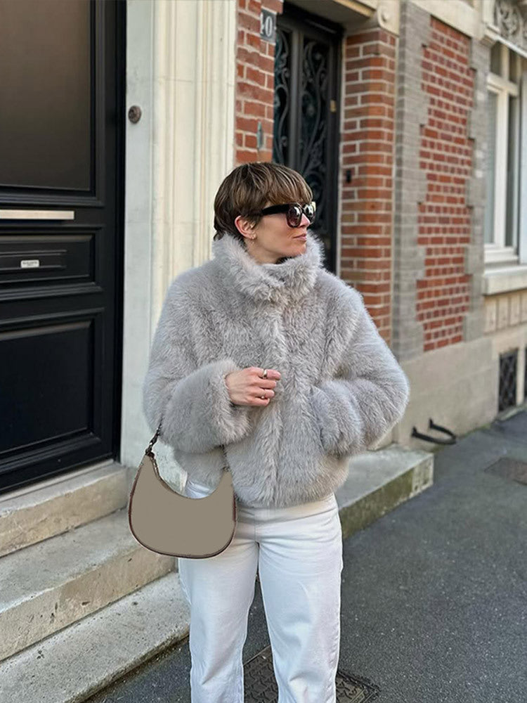 Women Short Boxy Jacket made of high-pile faux fur with high shawl collar EVA-US